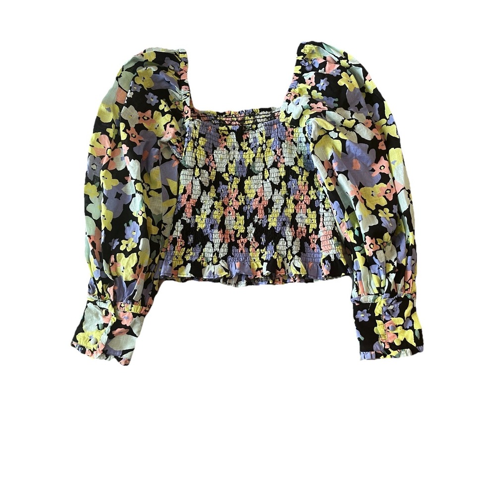 Free People Ariana Printed Top Floral Puff Sleeve Smocked Blouse Size xsmall - Picture 10 of 10